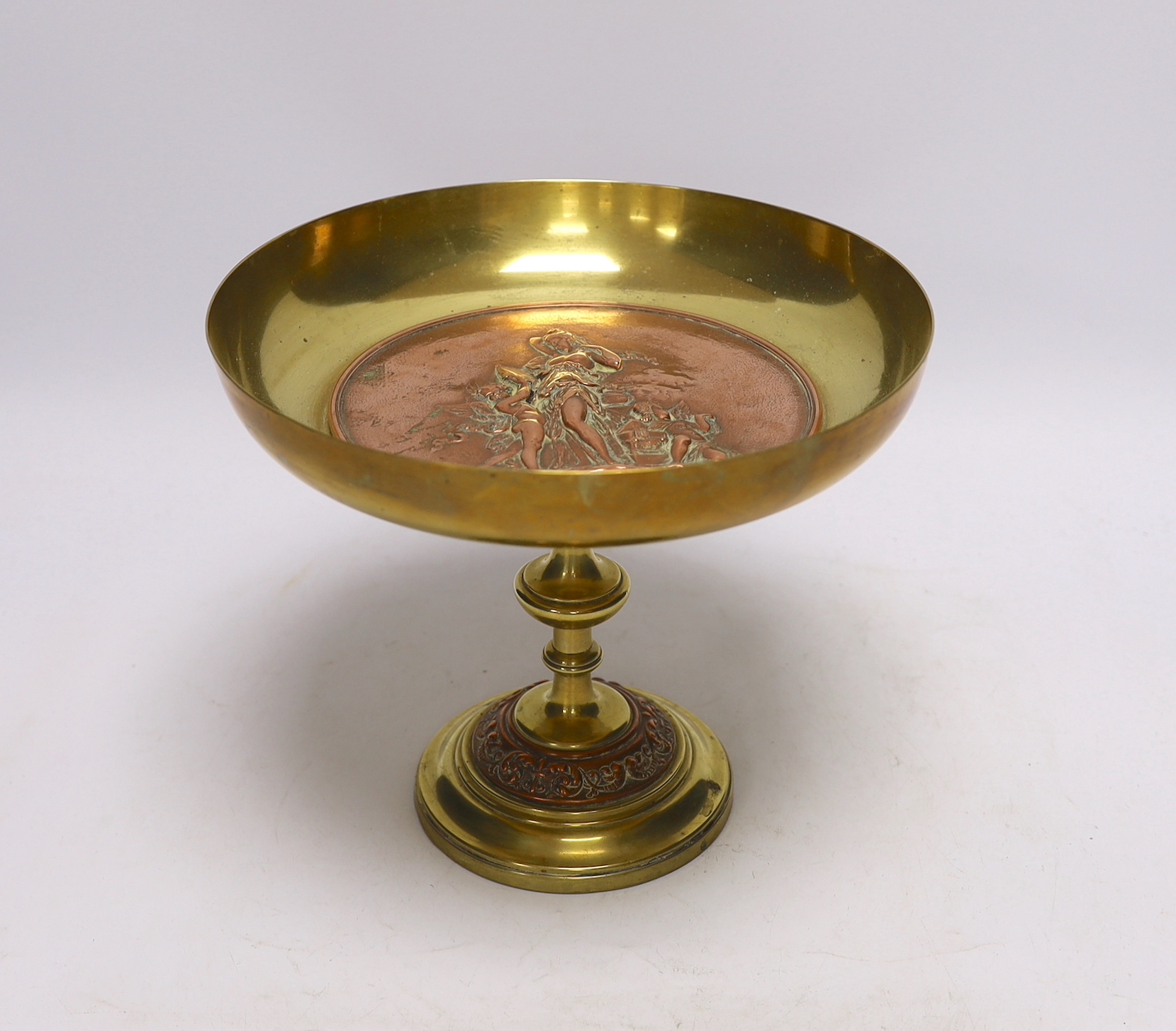 A bronze and copper embossed tazza, early 20th century, 19.5cm